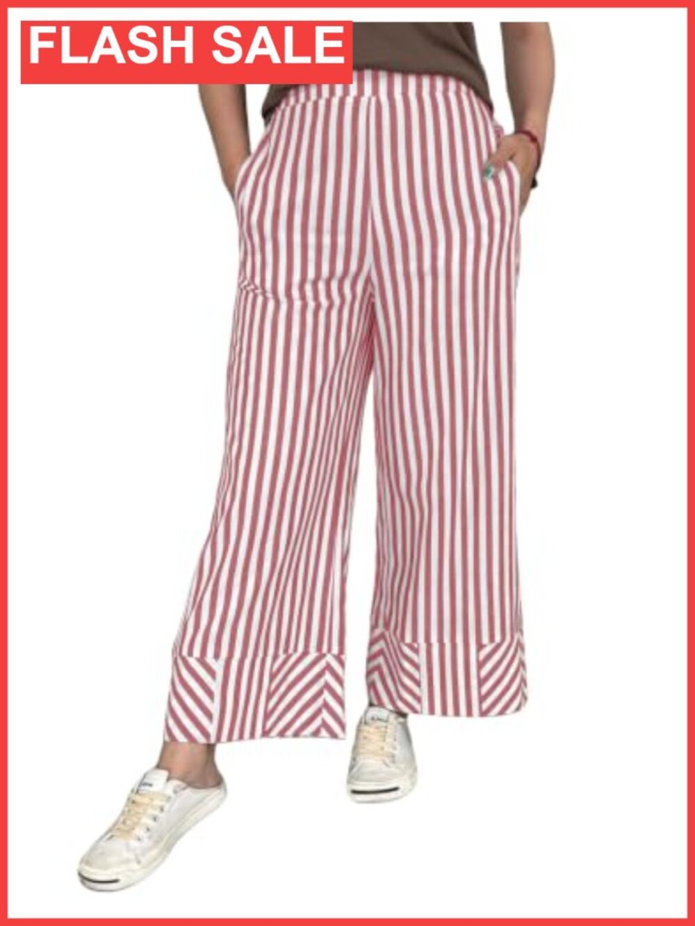 Women Patchwork Striped Wide Leg Cropped Pants Pull On Pockets